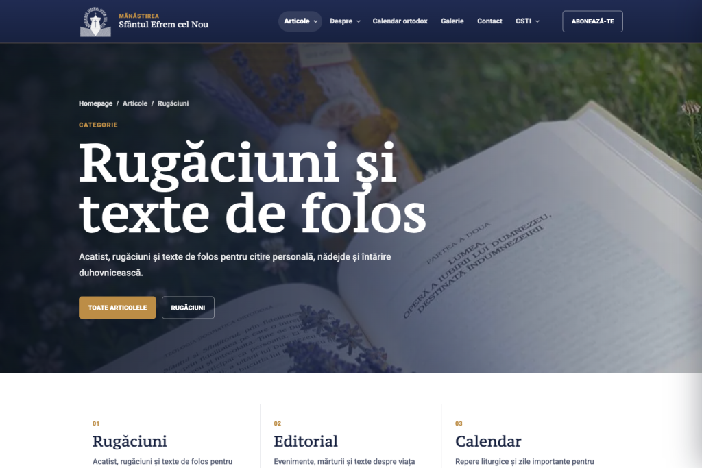 Articole și rugăciuni pe website-ul Mănăstirii Sfântul Efrem cel Nou