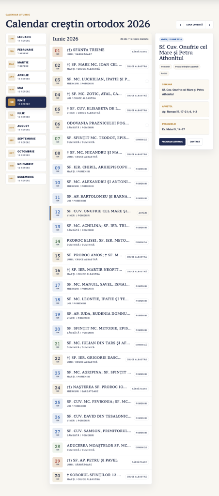 Calendarul ortodox al website-ului Mănăstirii Sfântul Efrem cel Nou