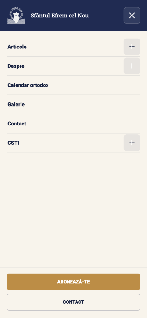 Meniul mobil al website-ului Mănăstirii Sfântul Efrem cel Nou